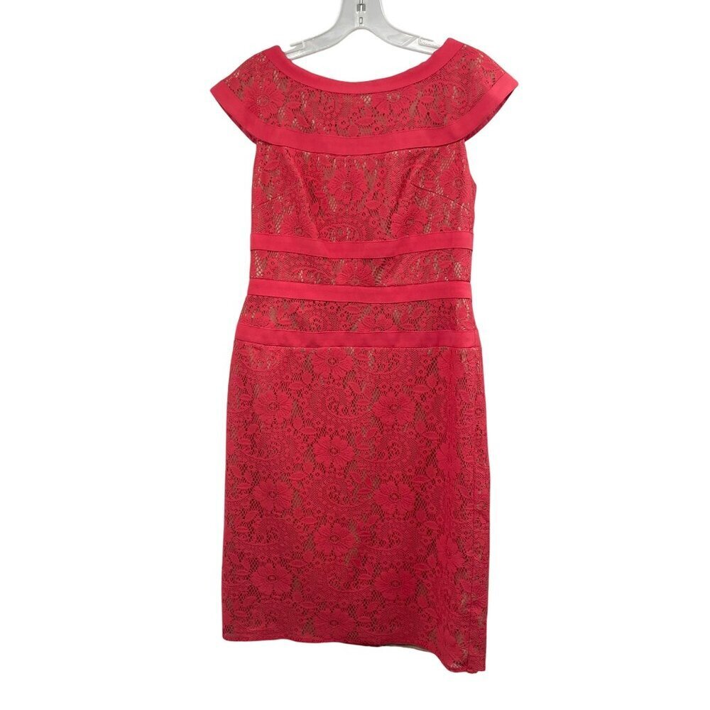 Adrianna Papell Womens Lace Sheath Dress Short Sleeve Coral/Nude Size 4